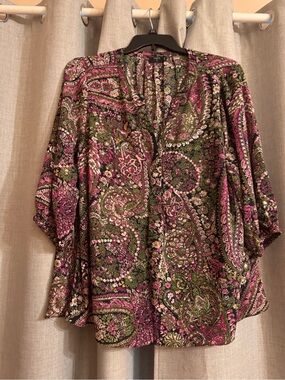 Tahari Pink and Olive Green Paisley Tunic Top